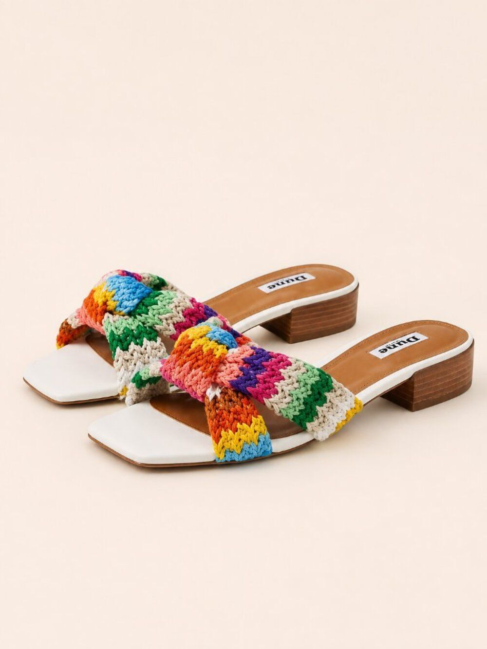 Rainbow Crochet Slide Sandals Square Toe Block Heel Resort Vacation Size 41